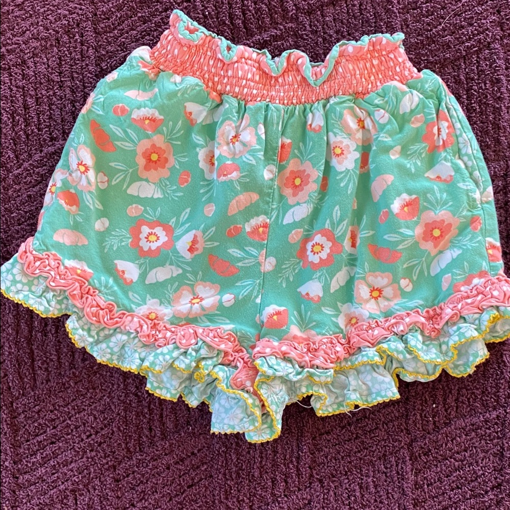 Matilda Jane Mint Floral Ruffle Shorts with Coral Accents